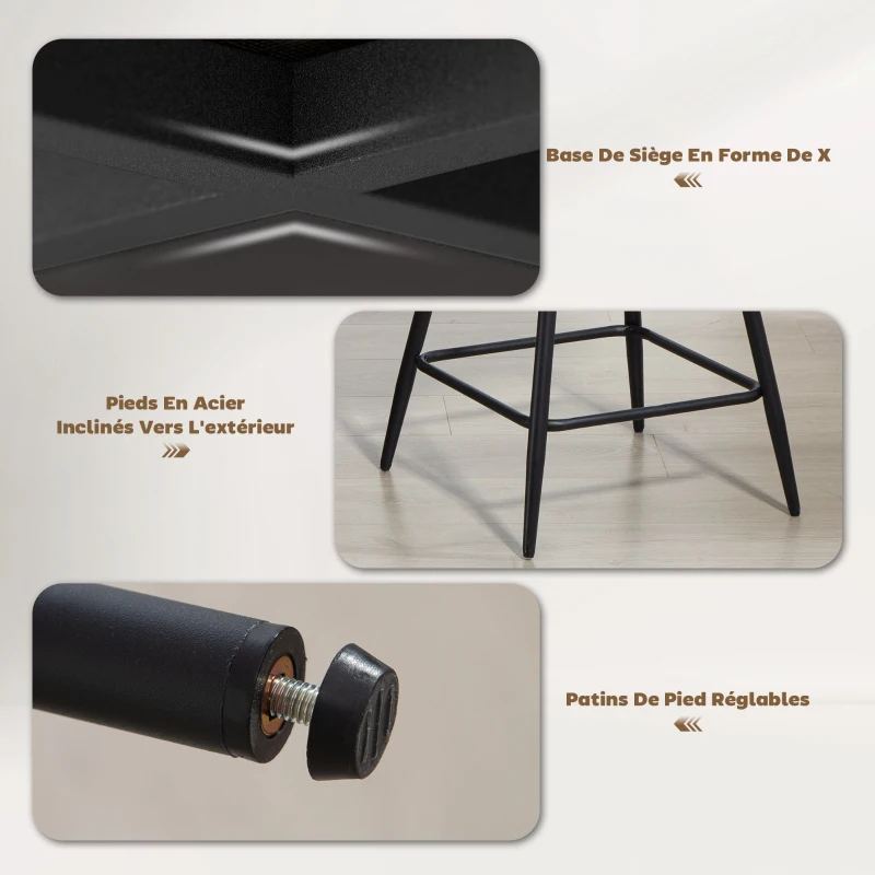 HOMCOM Lot de 2 tabourets de bar en tissu velours côtelé, chaises de bar avec dossier courbé, repose-pieds, 49x52x88cm, crème