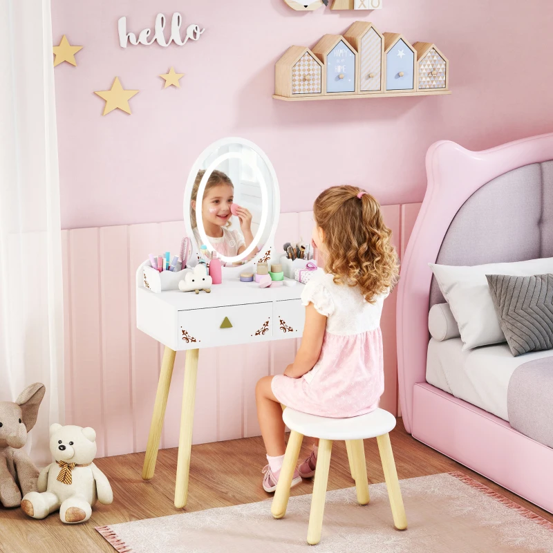 AIYAPLAY Coiffeuse pour enfant 2 en 1 bureau enfant fille avec miroir à LED 3 couleurs et tabouret 60x30x99,3 cm blanc