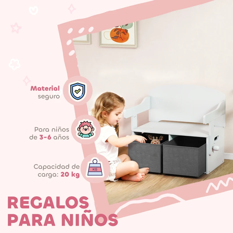 AIYAPLAY Banco Infantil Convertible 3 en 1 Juego de Mesa y Silla Baúl de Juguetes con Cubos de Tela Extraíbles Blanco