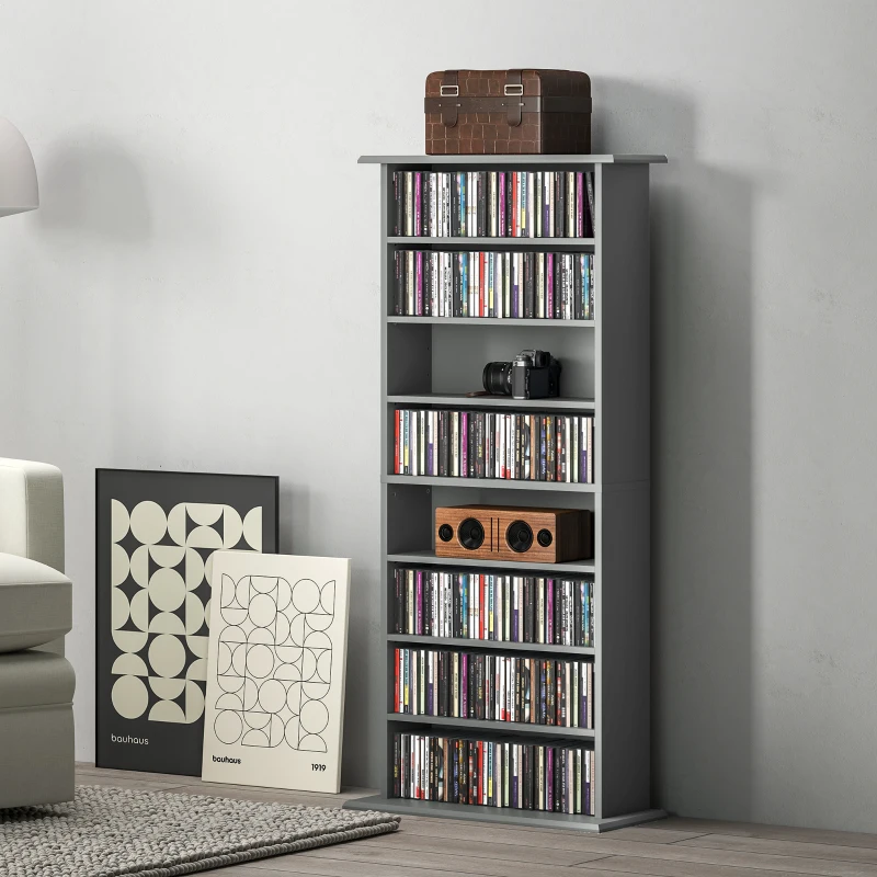 HOMCOM CD and DVD Storage with 8 compartments and 6 adjustable shelves, max capacity 360 CD/185 DVD and Blu-ray, gray