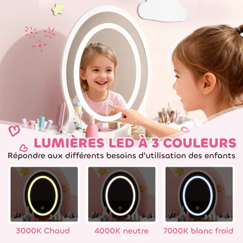 AIYAPLAY Coiffeuse pour enfant 2 en 1 bureau enfant fille avec miroir à LED 3 couleurs et tabouret 60x30x99,3 cm blanc