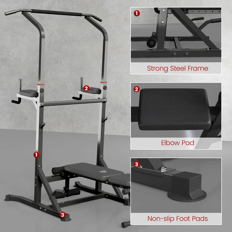 HOMCOM Pull Up Station with Adjustable Weight Bench, Dip Station and Barbell Rack, Multi-Function Power Tower Free Standing Pull Up Bar for Home Gym
