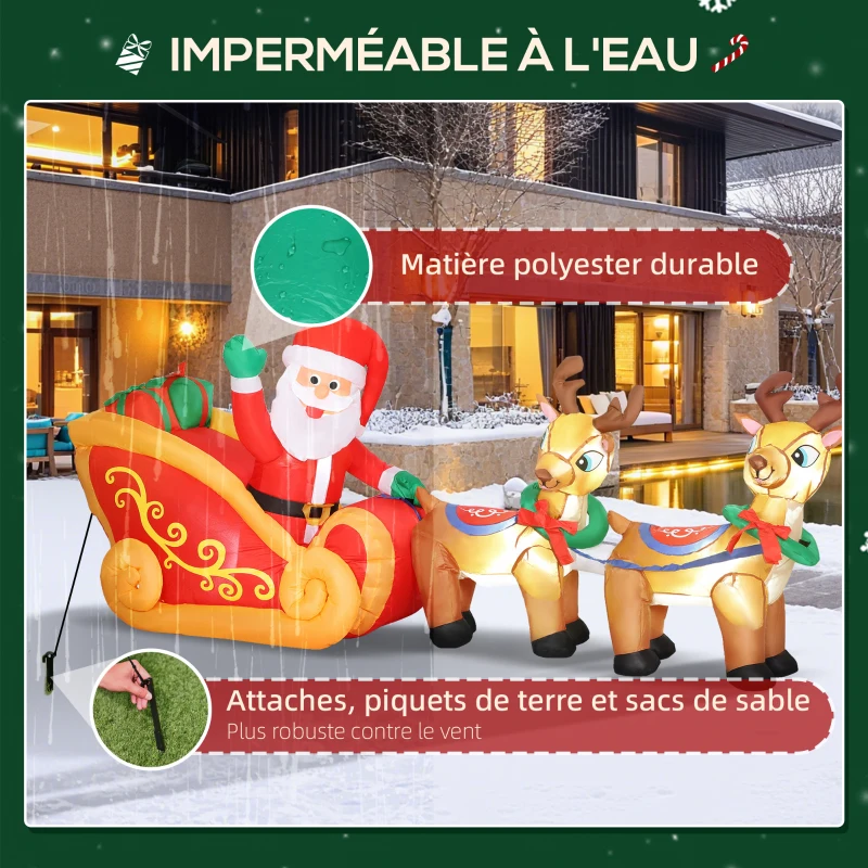Outsunny Père Noël gonflable avec traîneau et rennes 240 cm 6 lumières LED décoration de Noël intérieure et extérieure rouge