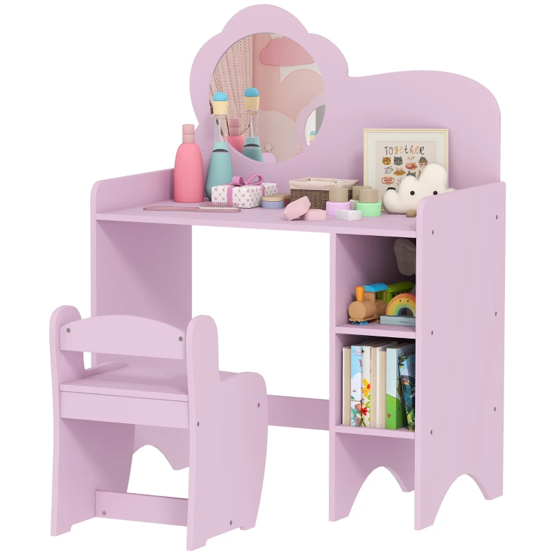 AIYAPLAY Coiffeuse Maquillage Fille 2 en 1 Bureau avec Chaise Miroir Étagères Ouvertes pour Enfants +3 Ans Blanc