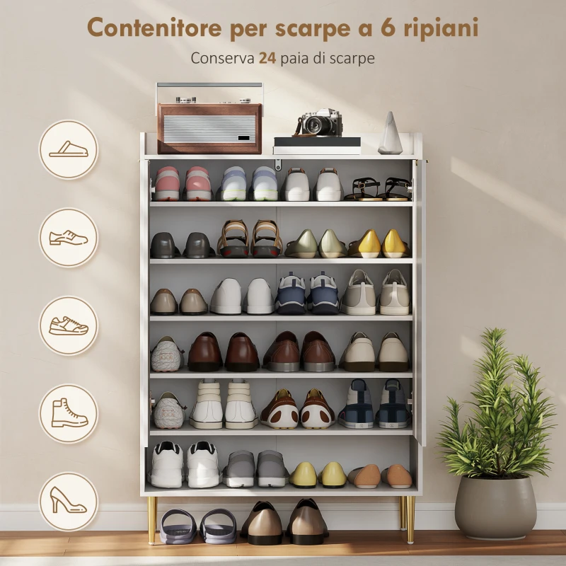 HOMCOM Scarpiera Salvaspazio per 24 Paia di Scarpe con 2 Ante, 3 Ripiani Estraibili e Mensola Inferiore, Bianco