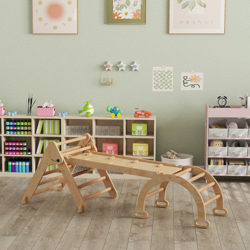 AIYAPLAY 7 en 1 Triangle d'escalade Montessori en bois pliable avec Arc et Rampe pour enfants 18-48 mois 188x70 cm Naturel
