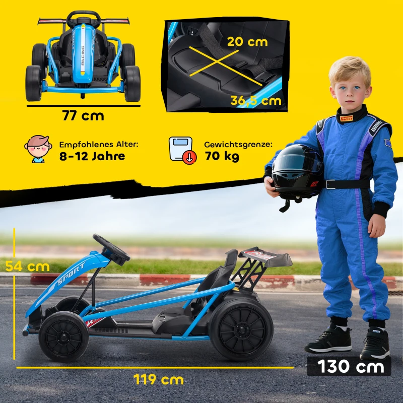 AIYAPLAY Gokart électrique 24V pour conduire et drifter, pneus en nylon, ceinture de sécurité, klaxon, musique pour 8-12 ans Bleu