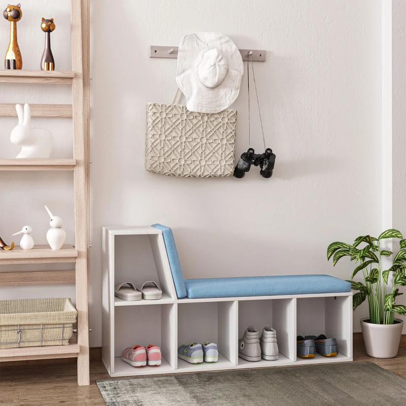 HOMCOM Bibliothèque banc 2 en 1 avec 5 compartiments de rangement et 2 coussins 108 x 30 x 60 cm blanc bleu