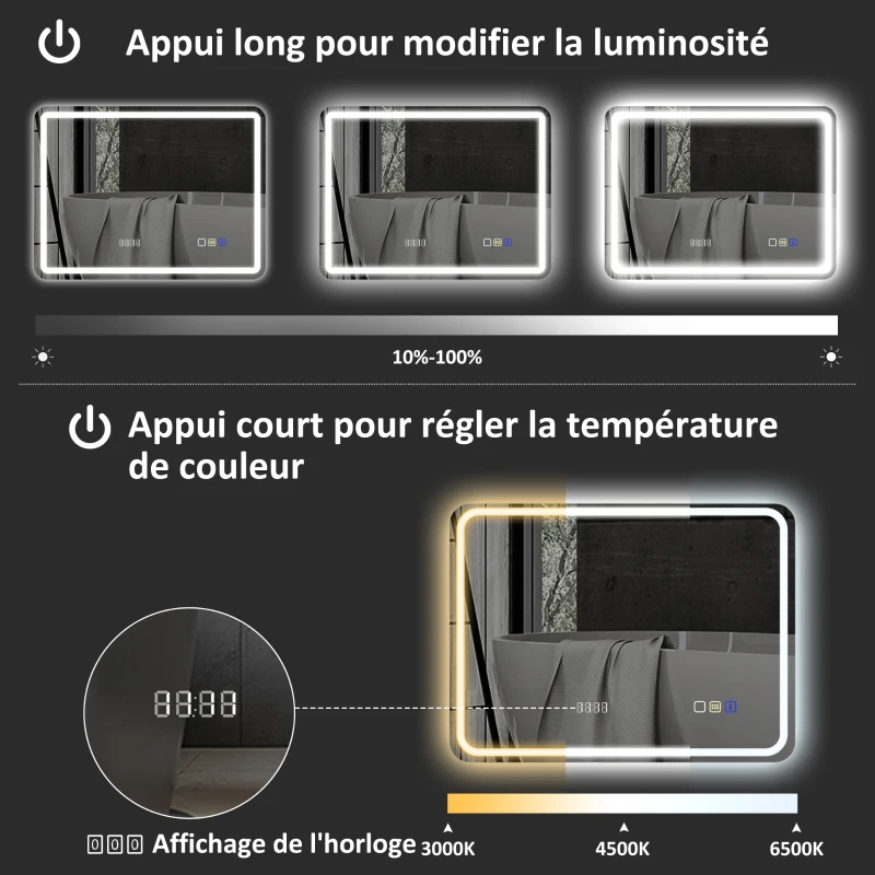 HOMCOM Miroir salle de bain Bluetooth avec éclairage LED 50 x 70 cm, miroir lumineux mural avec horloge, antibuée, argenté