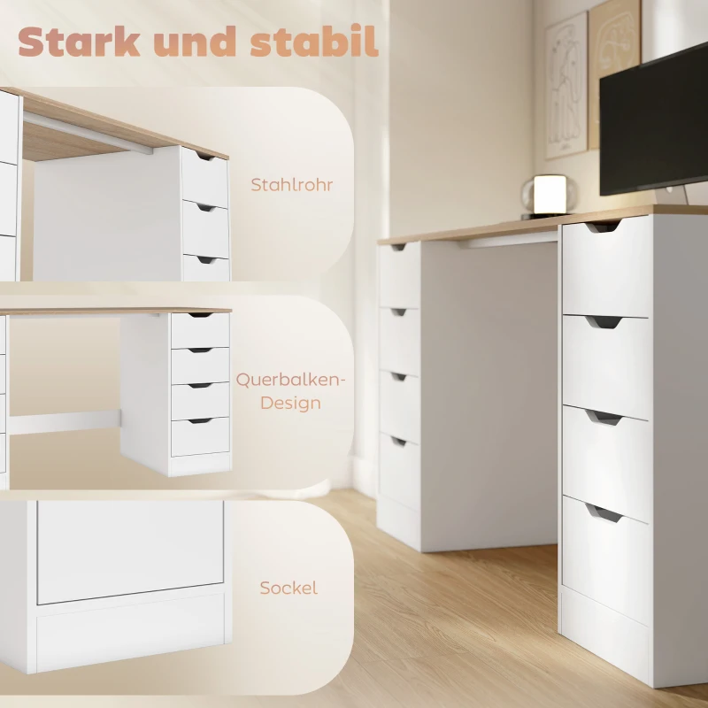 HOMCOM 140 cm Computertisch, 8 Schubladen, Schreibtisch für Homeoffice, Schlafzimmer, Stahl, Holz, Weiß