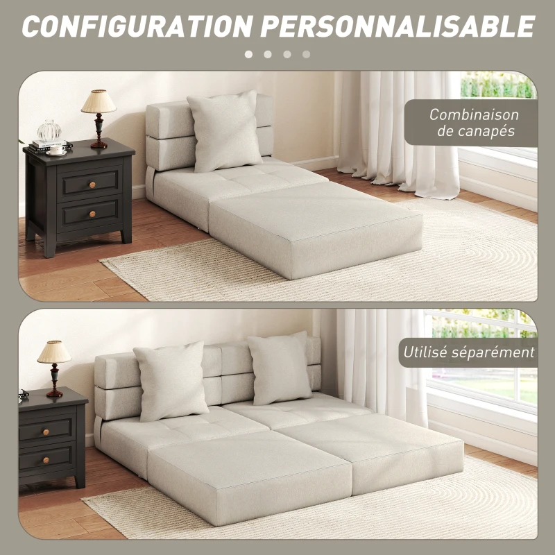 HOMCOM Chauffeuse canapé-lit convertible fauteuil 1 place avec 1 coussin déhoussable, tissu beige