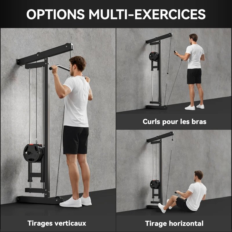 SPORTNOW Appareil de musculation mural, station de traction, poulie haute et basse, 2 poulies, en acier, 75 x 16 x 192 cm, noir