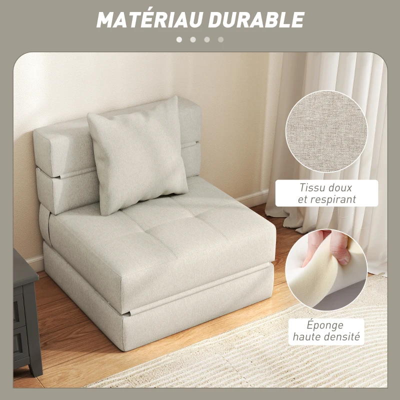 HOMCOM Chauffeuse canapé-lit convertible fauteuil 1 place avec 1 coussin déhoussable, tissu beige