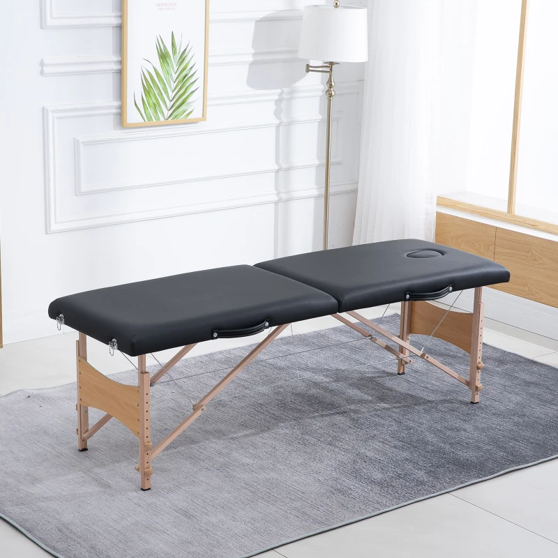 HOMCOM Table de massage pliante, lit de massage 2 zones 186 x 60 cm portable, hauteur réglable, oreiller facial amovible, table esthétique tatouage en bois de hêtre, sac de transport inclus, noir