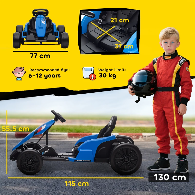 AIYAPLAY Go-Kart Elettrico 24V, Modalità Drift, Sedile Regolabile, Cintura di Sicurezza a 5 Punti, Funzione Musicale, Clacson, 6-12 Anni Blu