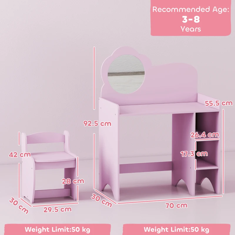 AIYAPLAY Girls' 2-in-1 Makeup Vanity Desk with Stool Mirror Open Shelves for Kids 3+ Years White