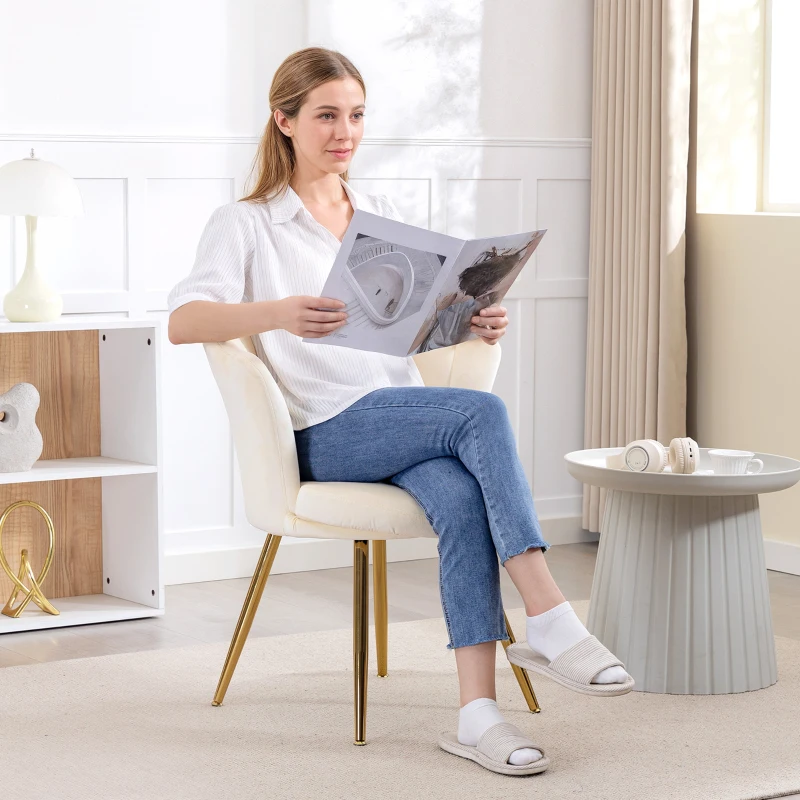 HOMCOM Fauteuil coquillage chaise coiffeuse fauteuil en velours fauteuil de salon avec pieds en métal doré beige