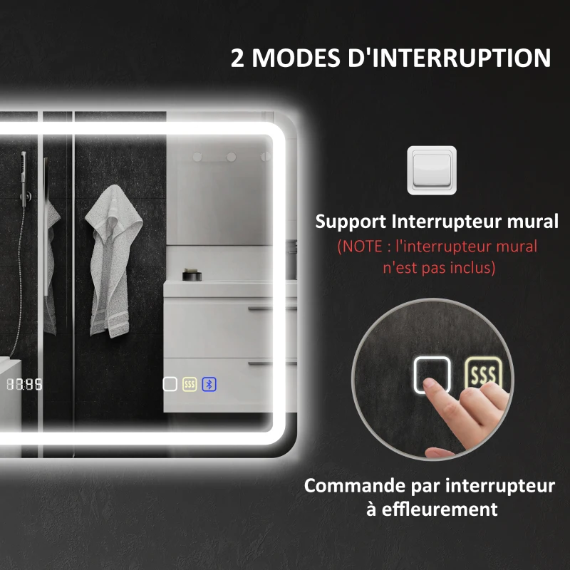 HOMCOM Miroir salle de bain Bluetooth avec éclairage LED 50 x 70 cm, miroir lumineux mural avec horloge, antibuée, argenté