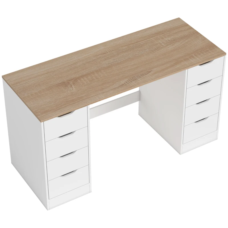 HOMCOM 140 cm Computertisch, 8 Schubladen, Schreibtisch für Homeoffice, Schlafzimmer, Stahl, Holz, Weiß