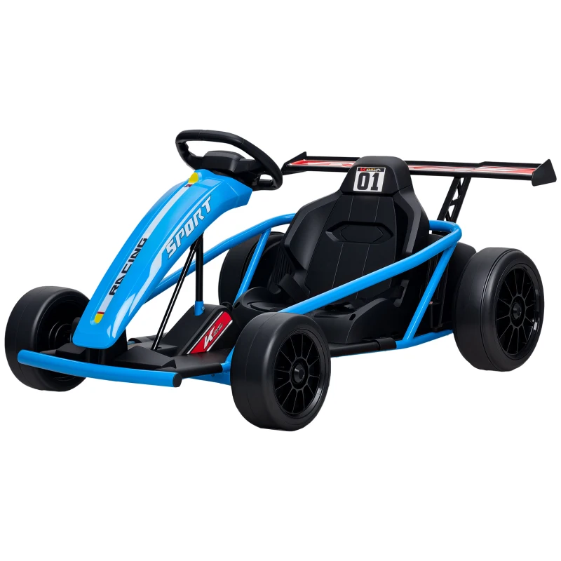 AIYAPLAY Gokart électrique 24V pour conduire et drifter, pneus en nylon, ceinture de sécurité, klaxon, musique pour 8-12 ans Bleu