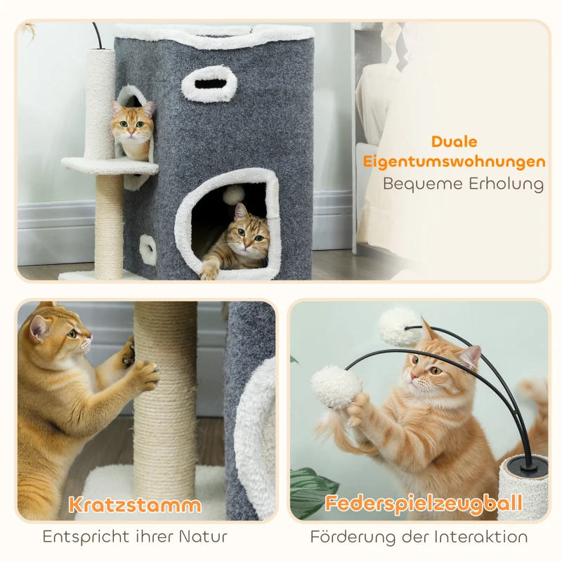 PawHut Katzenkratzbaum, Top-Liegefläche, 2-stöckiges Haus, Sisalpfosten, Grau