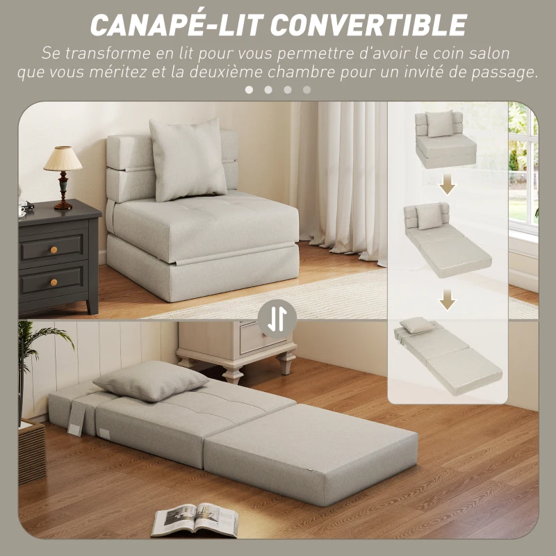 HOMCOM Chauffeuse canapé-lit convertible fauteuil 1 place avec 1 coussin déhoussable, tissu beige