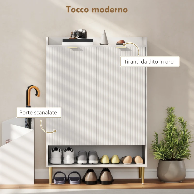 HOMCOM Scarpiera Salvaspazio per 24 Paia di Scarpe con 2 Ante, 3 Ripiani Estraibili e Mensola Inferiore, Bianco