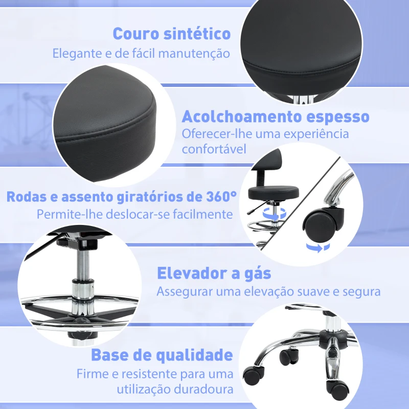 HOMCOM Banco Giratório com Rodas e Encosto Apoio para Pés Altura Ajustável Estofado em Couro Sintético 52x52x78-92 cm Preto