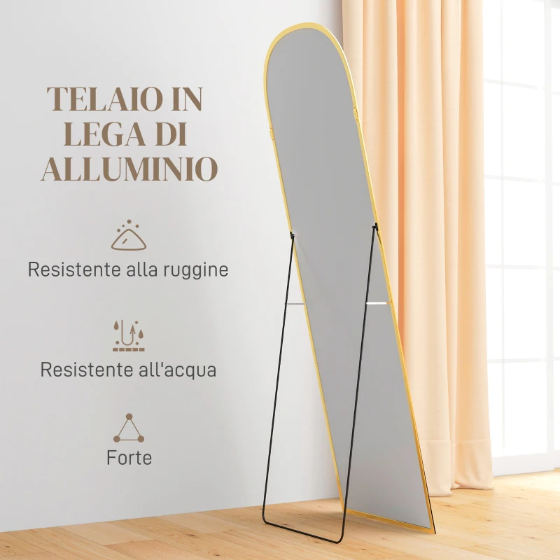 HOMCOM Specchio da Terra e Parete Moderno in Lega di Alluminio con Supporto Pieghevole, 50x170cm, Oro