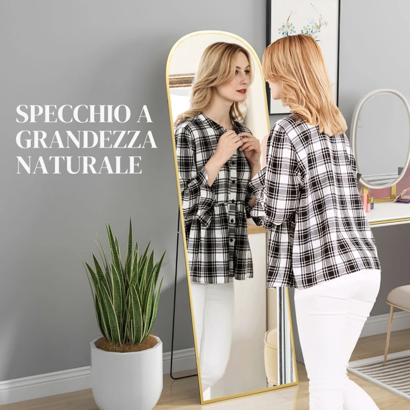 HOMCOM Specchio da Terra e Parete Moderno in Lega di Alluminio con Supporto Pieghevole, 50x170cm, Oro