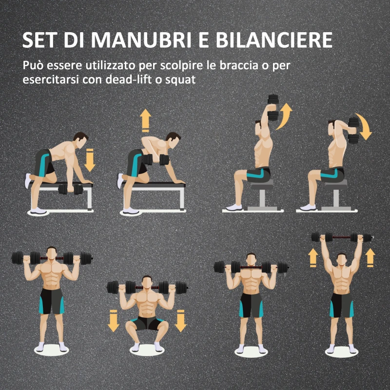 HOMCOM Set 2 Manubri Antiscivolo con 16 Dischi Pesi da 30 kg  totali e Connettore, in Acciaio, HDPE e Sabbia, Nero