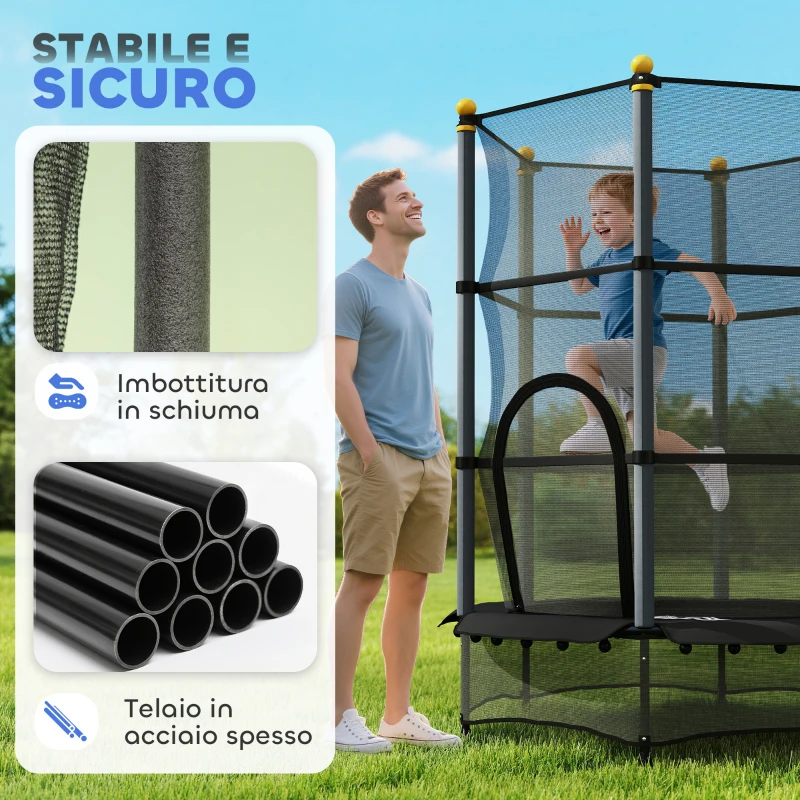 HOMCOM Tappeto Elastico per Bambini con Rete di Sicurezza e Pali Imbottiti Età 3-10 Anni, Ø140 x 190 cm, Nero
