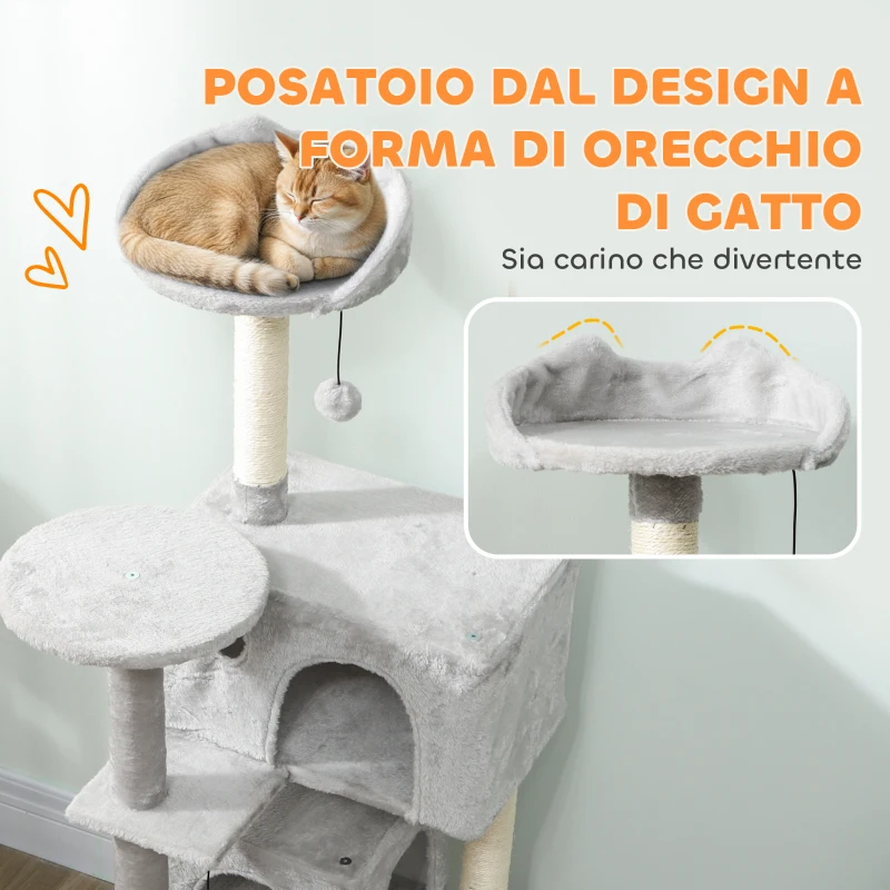 PawHut Albero Tiragraffi per Gatti Alto 140 cm con 2 Casette, Amaca, Lettino e Pali in Sisal, Grigio