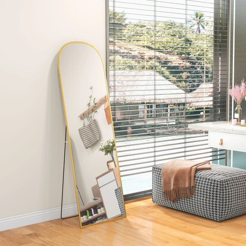 HOMCOM Specchio da Terra e Parete Moderno in Lega di Alluminio con Supporto Pieghevole, 50x170cm, Oro