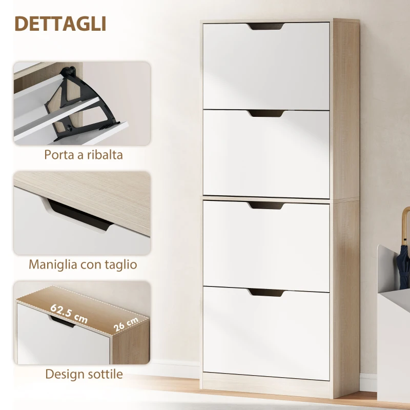 HOMCOM Scarpiera Salvaspazio Slim a 4 Cassetti per 20 Paia di Scarpe 62.5x26x156 cm, color Legno e Bianco