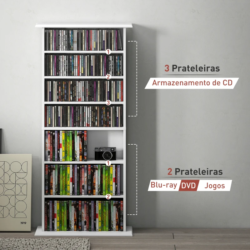 HOMCOM Estante Estreita para CDs e DVDs com 8 Compartimentos Prateleiras Ajustáveis 58x24x126,3 cm Branco
