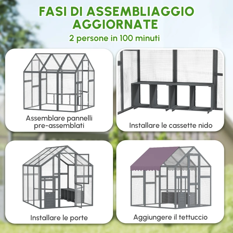 PawHut Recinto per Galline, Pollaio con Tetto Impermeabile, 2 Nidi, 2 Posatoi, per 6-8 Galline, 1.7 x 1.8 x 1.8 m, Grigio
