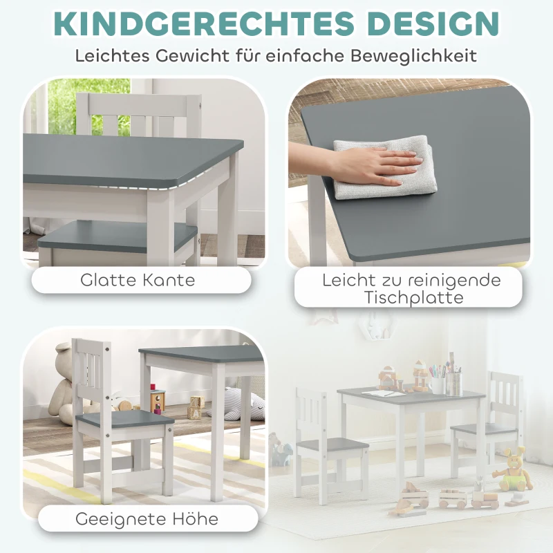AIYAPLAY Kindertisch mit 2 Stühlen, 3tlg Kindersitzgruppe, Sitzgruppe für Kinder, Kindermöbel, 56 x 52 x 48 cm Grau