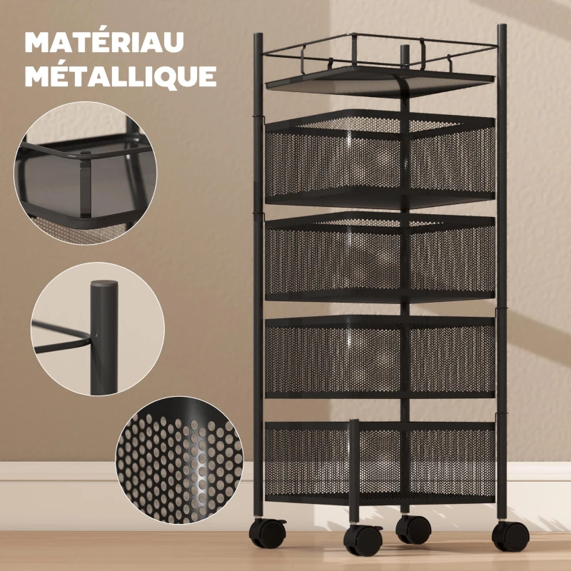 HOMCOM Desserte de cuisine à roulettes à 5 niveaux, chariot de rangement 4 paniers rotatifs, étagère, 27,5x27,5x77cm, noir