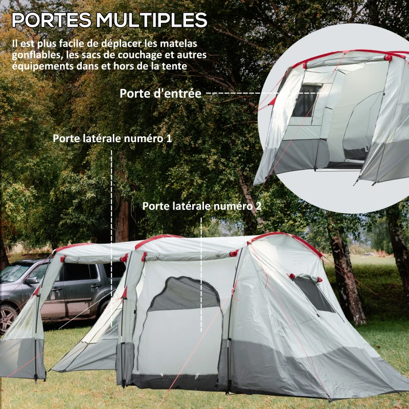 Outsunny Tente de camping familiale 6-8 personnes, tente tunnel imperméable, portes + fenêtres, 5,1 x 2,4 x 1,8 cm, gris clair