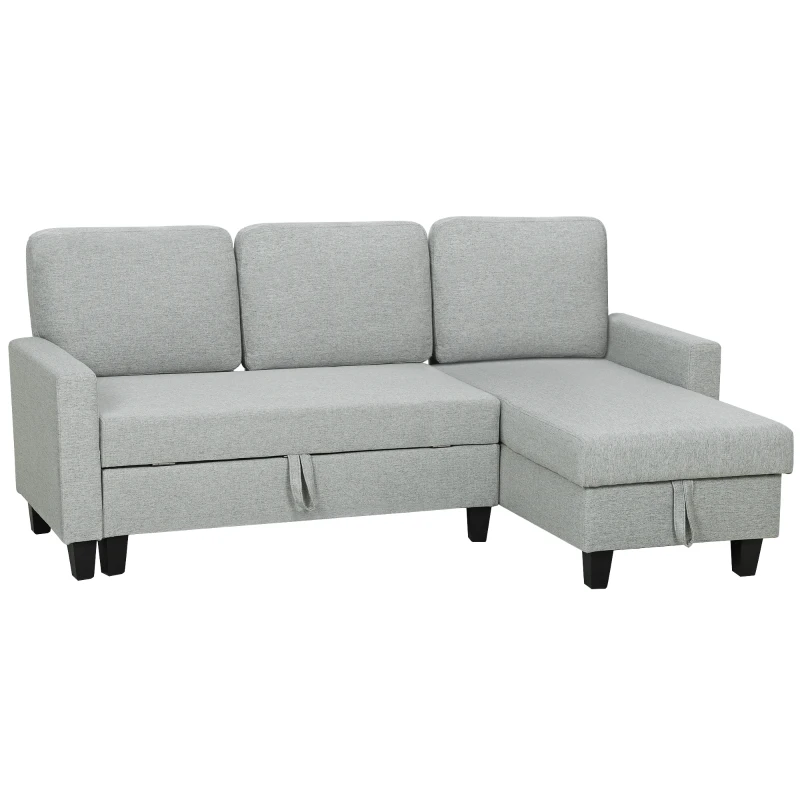 HOMCOM Divano Letto 3 Posti con Chaise e Spazio Contenitore, in Tessuto Effetto Lino, 197x129x85 cm, Grigio e Nero