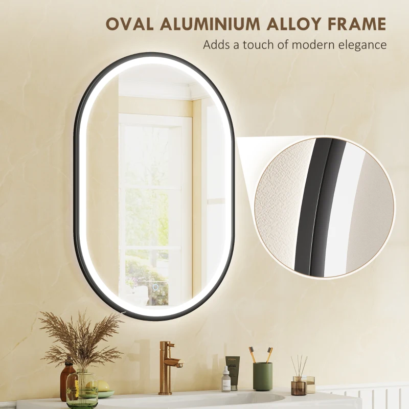 HOMCOM Miroir de Salle de Bain avec Lumière 60x90 cm Miroir Mural Ovale 3 Couleurs de Lumière Luminosité Réglable Fonction Anti-buée Noir