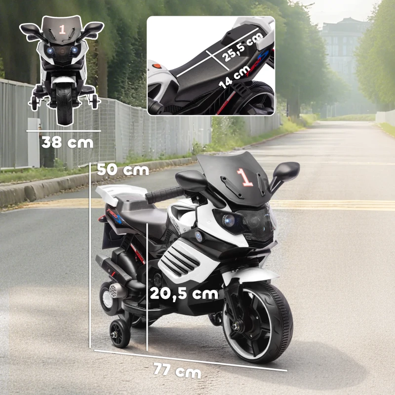 AIYAPLAY Moto Eléctrica para Niños 6V con Ruedas de Apoyo Música Faro para Niños de 18-36 Mesas Blanco