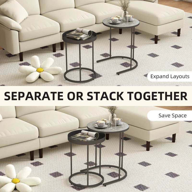 HOMCOM Set de 2 Măsuțe de Cafea în Stil Industrial, din Lemn și Metal, Ø42x54 cm și Ø36.5x48.5 cm, Gri și Negru