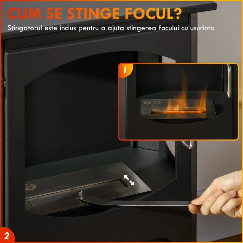 HOMCOM Șemineu pe Bioetanol Autoportant, Bioșemineu cu Arzător de 1,2L pentru 3 Ore Durată de Ardere, 43x25x68 cm, Negru