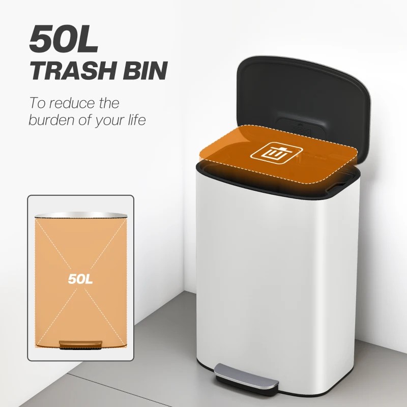 HOMCOM 50L Kitchen Bin with Soft-Close Lid and Stay-Open Function, Stainless Steel Pedal Bin with Removable Inner Bucket, Carry Handle for Kitchen, Office, Home, Cream