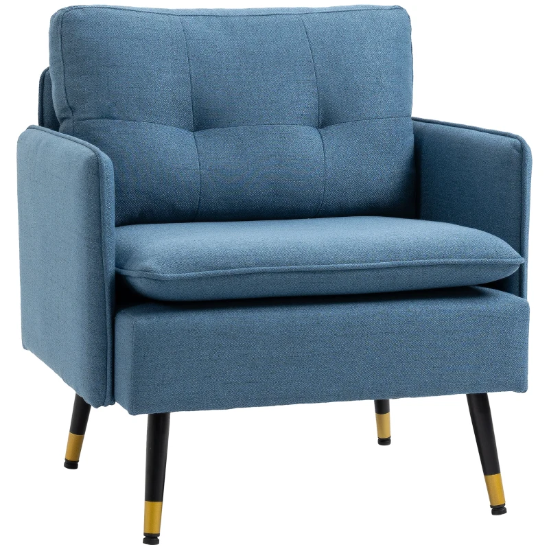 HOMCOM Fauteuil scandinave dossier capitonné avec passepoil en tissu 76 x 68 x 80 cm bleu et pieds en métal noir et doré
