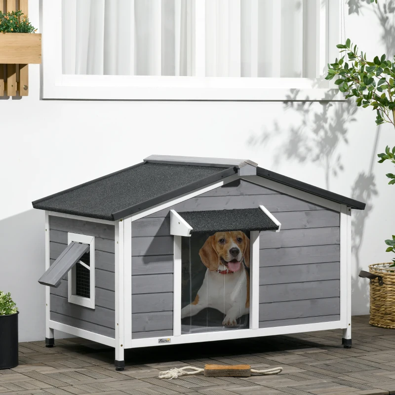PawHut Niche chien style cottage - 2 fenêtres, porte, toit ouvrant bitumé - dim. 109 x 79 x 72 cm - bois sapin gris
