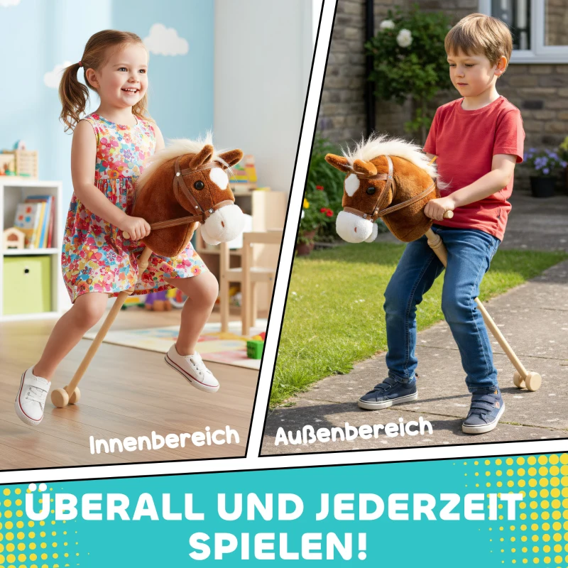 AIYAPLAY Steckenpferd Kinder Steckenpferde mit Sound, Griffe, Rolle, Stockpferd zum Reiten für Kinder 24+ Monate, Braun