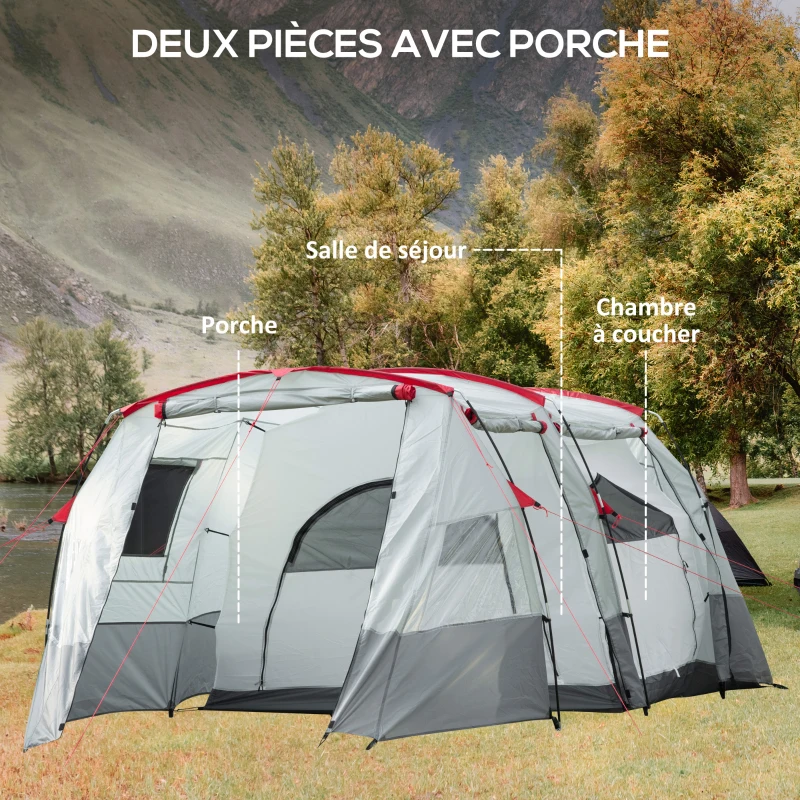Outsunny Tente de camping familiale 6-8 personnes, tente tunnel imperméable, portes + fenêtres, 5,1 x 2,4 x 1,8 cm, gris clair